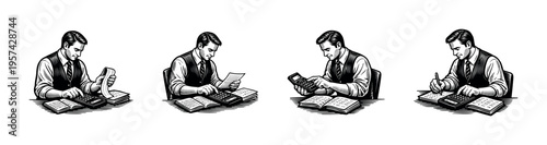 Vintage businessman engaged in accounting tasks, black and white illustration, vector silhouette elements