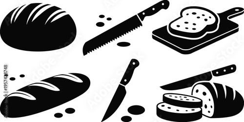 Bread and knife silhouette icon set with round loaf, sliced bread, cutting board, chef knife, and serrated blade, minimalist black culinary design illustration