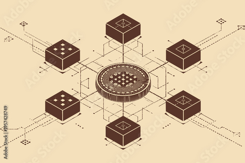 The vector icon of a decentralized blockchain network. A digital finance concept consisting of interconnected geometric blocks, with a general cryptocurrency at its center.
