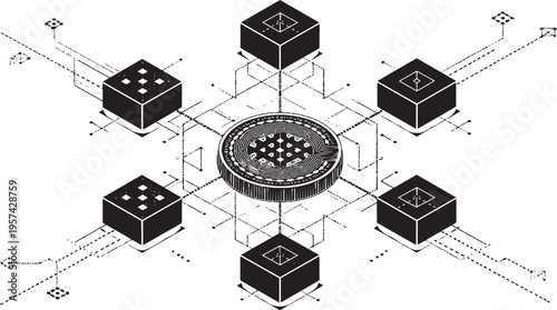 The vector icon of a decentralized blockchain network. A digital finance concept consisting of interconnected geometric blocks, with a general cryptocurrency at its center.
