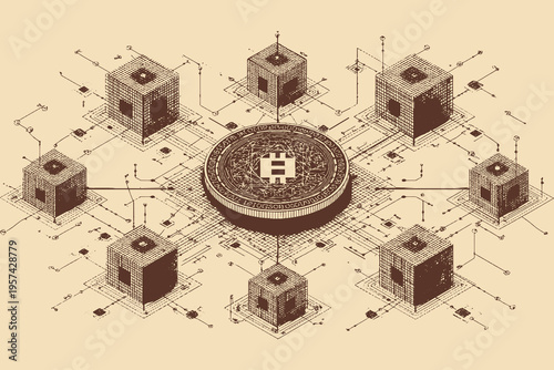 The vector icon of a decentralized blockchain network. A digital finance concept consisting of interconnected geometric blocks, with a general cryptocurrency at its center.