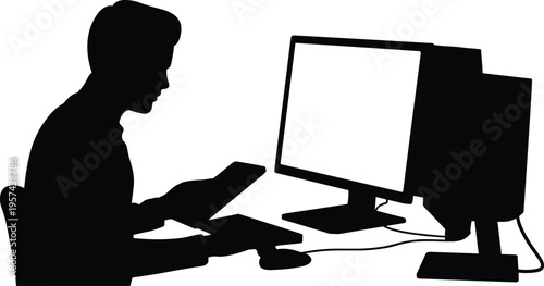 Black silhouette of person multitasking at desk with computer, tablet, and keyboard, representing modern digital workspace, technology use, online learning, and productivity.