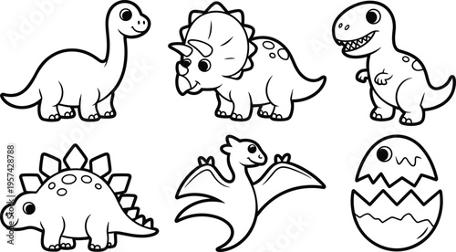 Cartoon dinosaurs and decorated egg illustration featuring Triceratops, T‑rex, Stegosaurus, Brachiosaurus, and Pterodactyl, playful vector design for children’s education, entertainment, 
