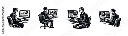 Business analyst at work illustration, vector silhouette of man at computer screen, black and white graphic design