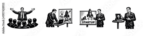 Business presentation vector illustrations with entrepreneurs and startup themes in black and white style