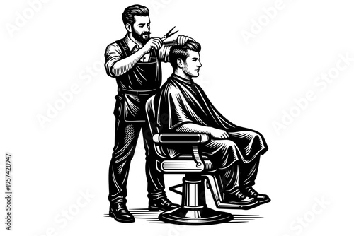 Black and white illustration of barber cutting hair in classic barber chair silhouette style