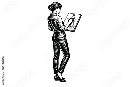 Woman artist in black and white drawing a sketch on canvas vector illustration