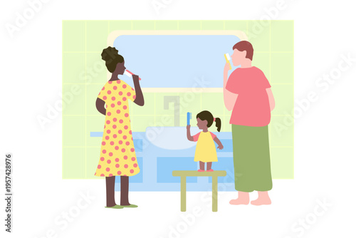 A family - mother, father, and child brush their teeth at the sink and mirror in the bathroom. Morning and evening dental hygiene routine