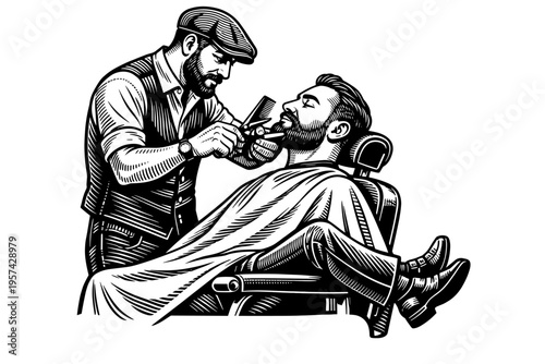 Vintage style barbershop illustration, black and white vector of barber and client, retro grooming scene