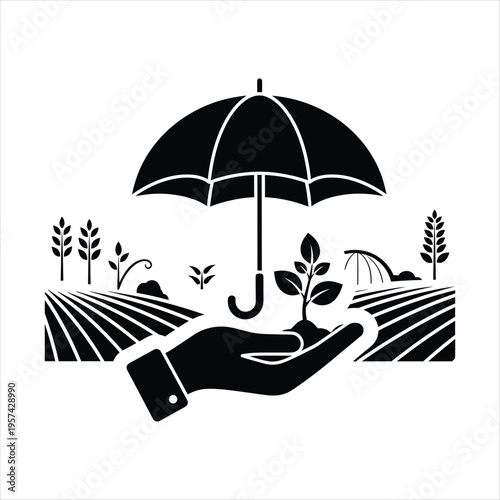 Conceptual image of farming insurance: hand protecting plants under an umbrella on a field with weather protection