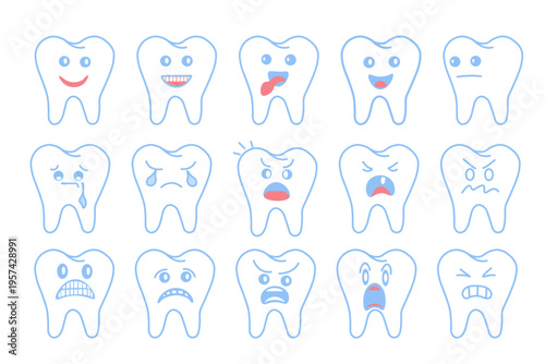 Emoji tooth vector set design expressing various emotions - joy, anger, fear, and others. Teeth emoticon in dental health condition for oral care emoticons character