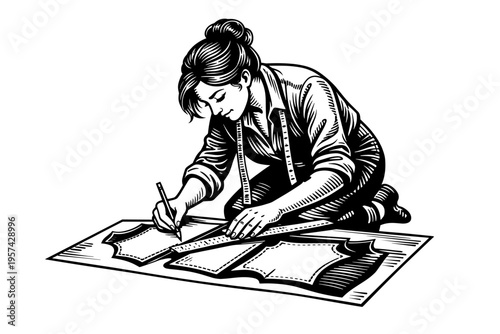 Black and white vector illustration of a tailor designing patterns with measurement tools