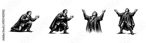 Dramatic black and white silhouette of man in various poses vector illustration