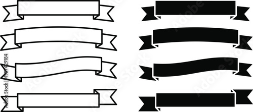 Elegant collection of black and white ribbon banner designs with decorative curves, versatile shapes, and stylish outlines for graphic design, labeling, and creative projects.