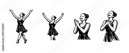 Vector illustrations of a dancer in various poses celebrating success and joy