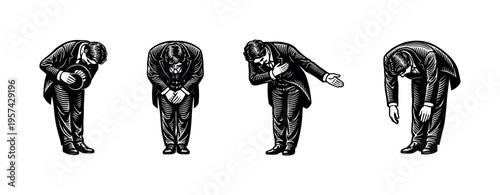 Elegant businessmen bowing silhouette vector illustration black and white clipart