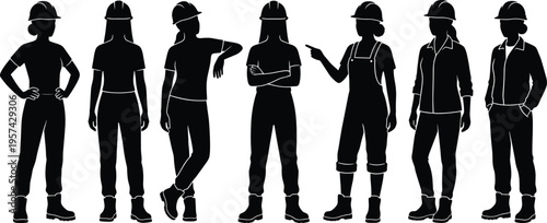 Women construction workers silhouette set featuring female engineers and builders wearing hard hats and industrial uniforms in various professional standing poses