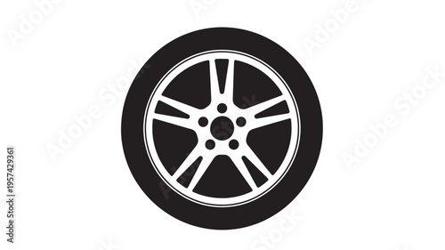 Car wheel black and white vector illustration with five spokes and five bolt holes on a white background