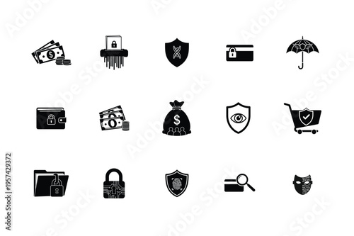 Finance and security icons: money bag, wallet, credit card, shield, lock, shopping cart, online shopping