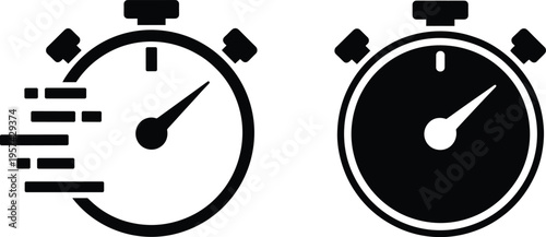 Fast stopwatch and timer icon set with speed lines featuring minimalist black line art and solid silhouette style for performance deadline and urgency