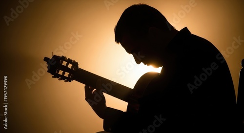 Silhouette of a man playing a classical guitar with golden backlighting