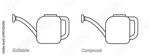 Watering can set, isolated on a white background. Editable and compound outline drawing. Linear icon, vector illustration. Template for coloring page.
