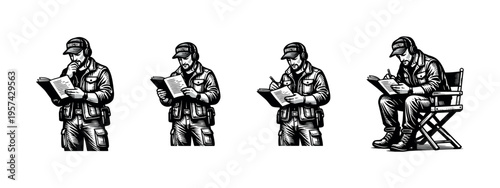 Vector illustration of film director in various poses, black and white silhouette