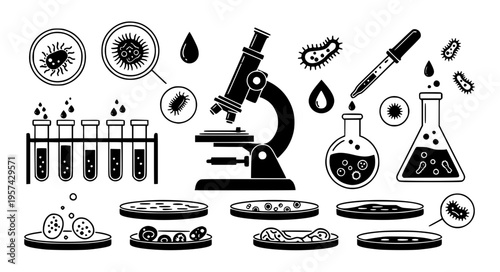 Microscope Focus and Lab Sample Analysis Black Silhouette Collection Vector Illustration