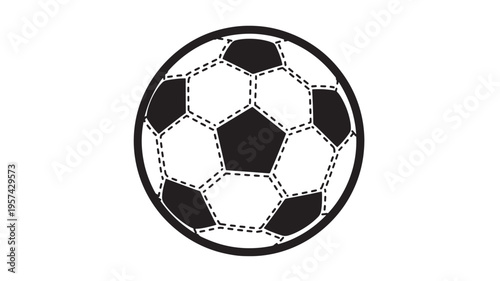 Soccer ball icon with classic black and white pentagon and hexagon panel design, rendered as a simple graphic symbol with dashed stitching detail.