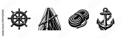 Nautical vector elements featuring ship wheel rope anchor and mast in black and white silhouette