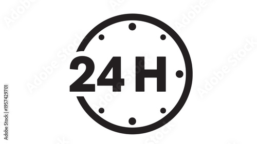 Clock icon with 24 hour display and black markers indicating time, representing non-stop service or availability.