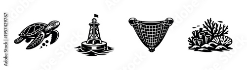 Marine life and fishing elements vector silhouette set with turtle, buoy, net, coral