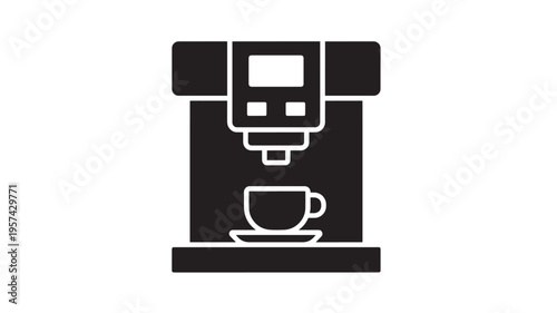 Coffee maker icon with a cup of coffee and saucer on a white background, simple modern design for kitchen appliance visuals.