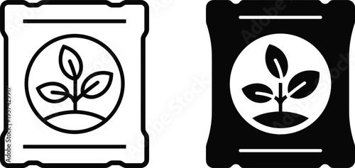 Fertilizer bag icon set with plant sprout featuring minimalist black line art and solid silhouette style for gardening agriculture farming and soil enrichment