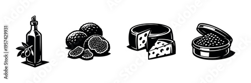 Black and white vector silhouette of olive oil bottle cheese truffles and caviar