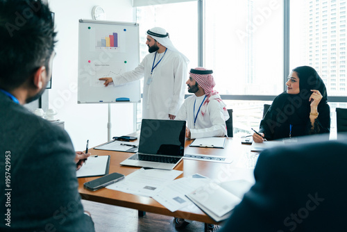 Arab business professionals discussing financial data in office meeting