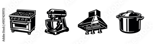 Black and white silhouette of kitchen appliances vector illustration including stove mixer hood pot
