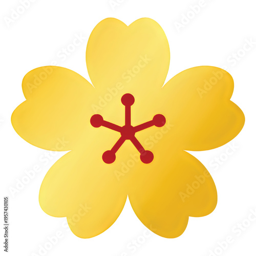A simple flat graphic illustration of a five petaled yellow flower with a red center design