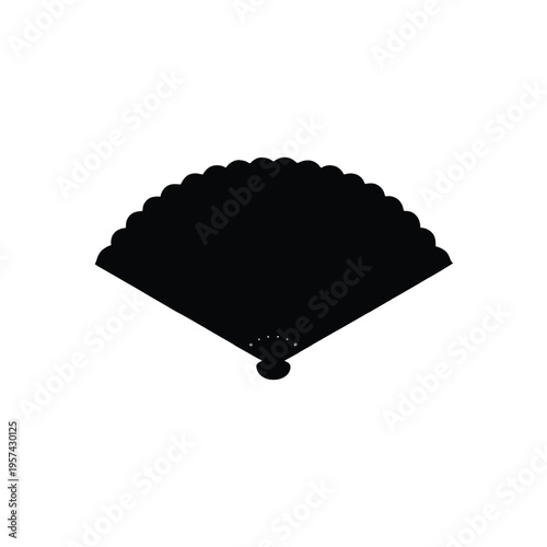 A simple black silhouette illustration of a traditional folding hand fan on a plain white background