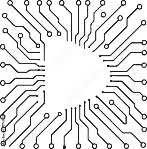 Illustration of black circuit board pattern with lines and circles electronic design element