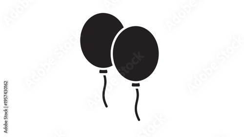 Balloons two black solid icons with strings, simple graphic representation of party decorations. featuring balloon, celebration, helium with air and