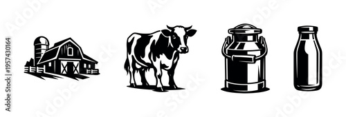 Black and white farm elements illustration featuring cow barn milk can and bottle in silhouette style