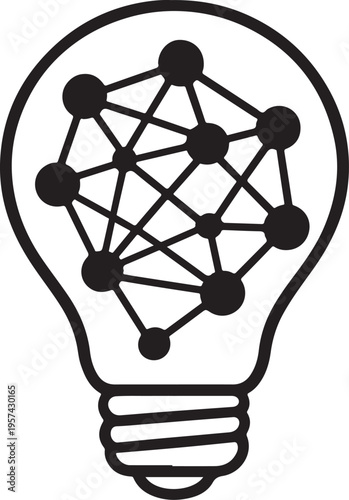 Illustration of a black line drawing of a lightbulb with a network inside