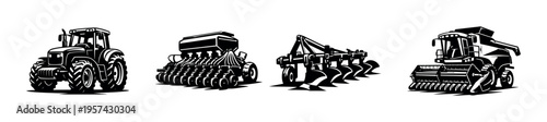 Black and white agriculture machinery silhouettes, tractor and equipment vector illustration