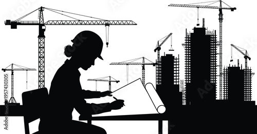 Silhouette of Female Architect Drawing Blueprints with City Construction Site Background Featuring Tower Cranes and Skyscrapers for Urban Development Planning Project