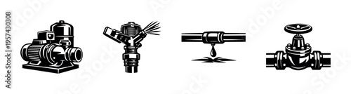 Collection of industrial vector illustrations, black and white pump, valve, pipeline, machinery elements, mechanical silhouette design