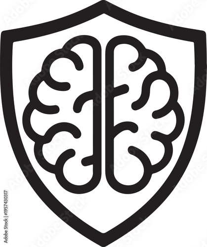 Illustration of black brain icon shield symbol for protection concept