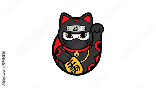 Stylized lucky cat illustration wearing a stealthy ninja costume, holding a golden fortune coin, perfect for Japanese-themed designs and good luck mascots