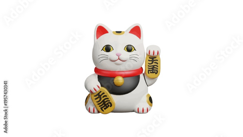 Charming 3D Illustration of a White Japanese Lucky Cat Figurine, Posed for Welcoming Good Fortune and Prosperity