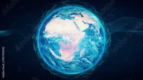 Glowing Blue Earth with Global Digital Plexus Network and Data Waves, Futuristic Technology Planet Background Loop